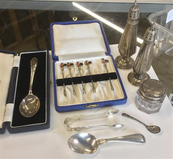 2 sterling silver pepperettes, cased silver spoon, cased set of five silver and enamel cocktail forks, 4 other items(-)